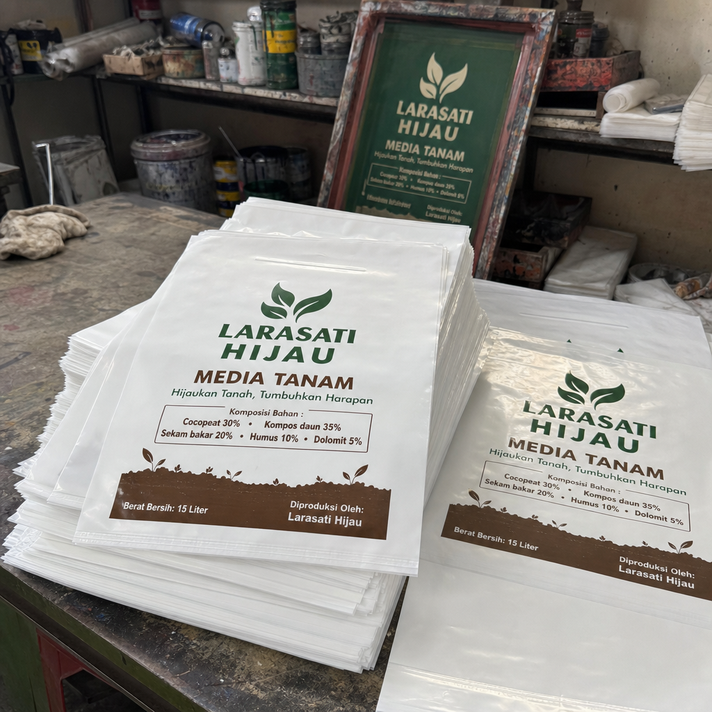 hasil sablon plastik pe putih susu untuk kemasan Media Tanam