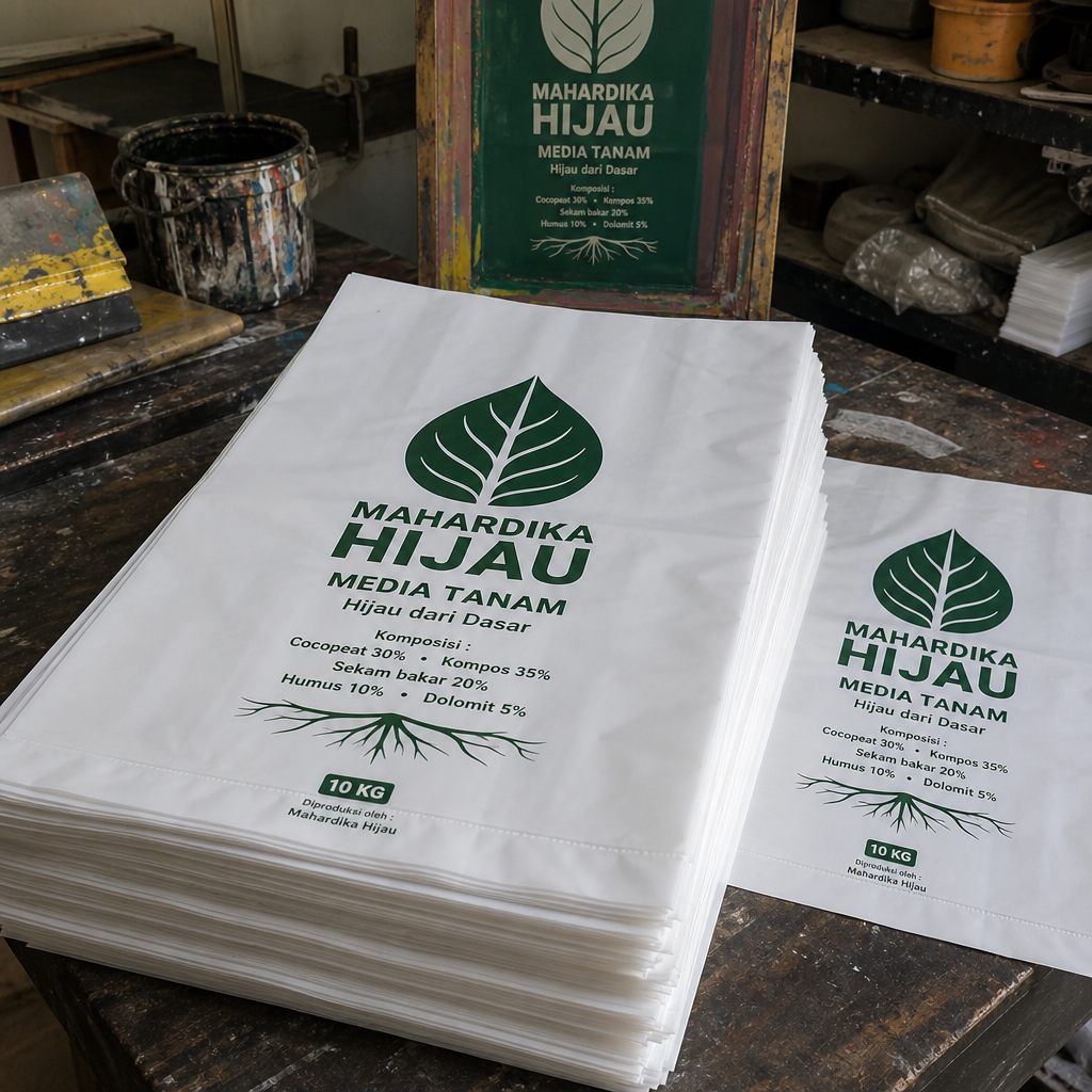 hasil sablon plastik pe putih susu untuk kemasan Media Tanam