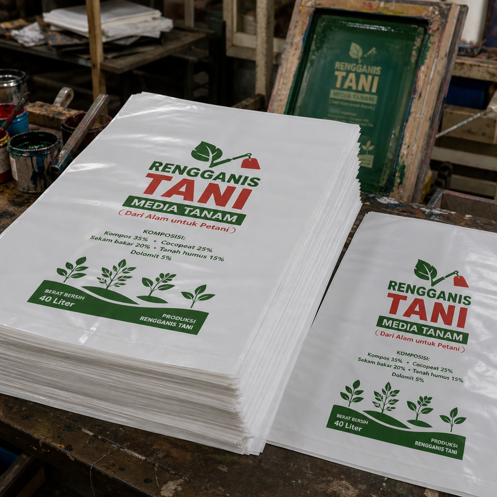 hasil sablon plastik pe putih susu untuk kemasan Media Tanam