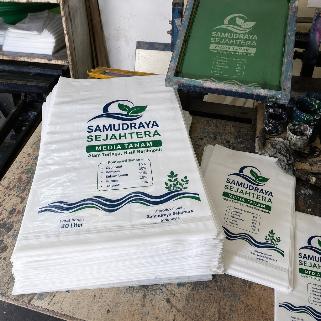 hasil sablon plastik pe putih susu untuk kemasan Media Tanam