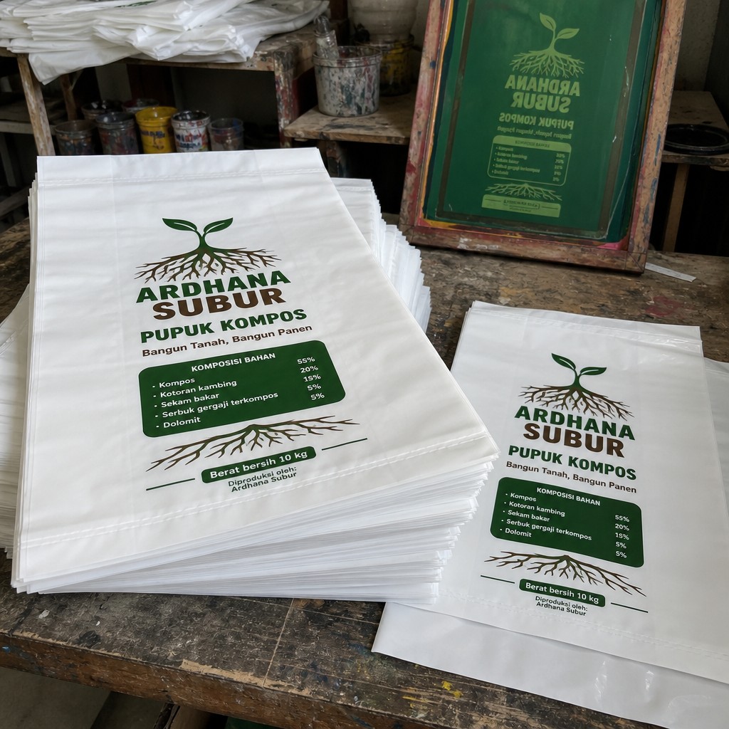 hasil sablon plastik pe putih susu untuk kemasan Pupuk Kompos