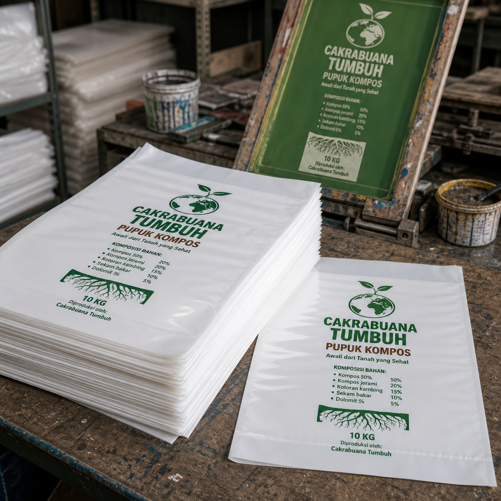 hasil sablon plastik pe putih susu untuk kemasan Pupuk Kompos