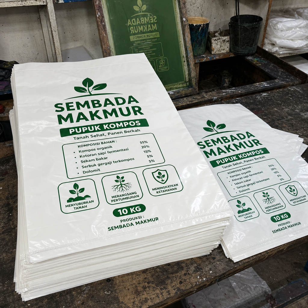 hasil sablon plastik pe putih susu untuk kemasan Pupuk Kompos