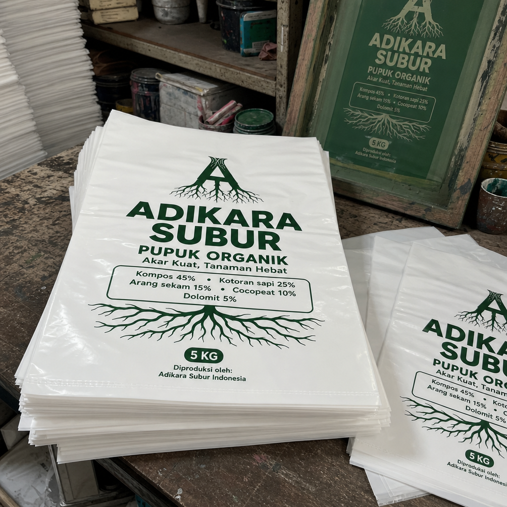 hasil sablon plastik pe putih susu untuk kemasan Pupuk Organik