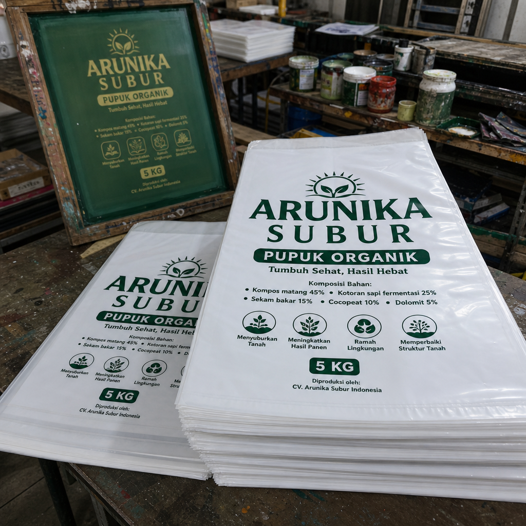 hasil sablon plastik pe putih susu untuk kemasan Pupuk Organik