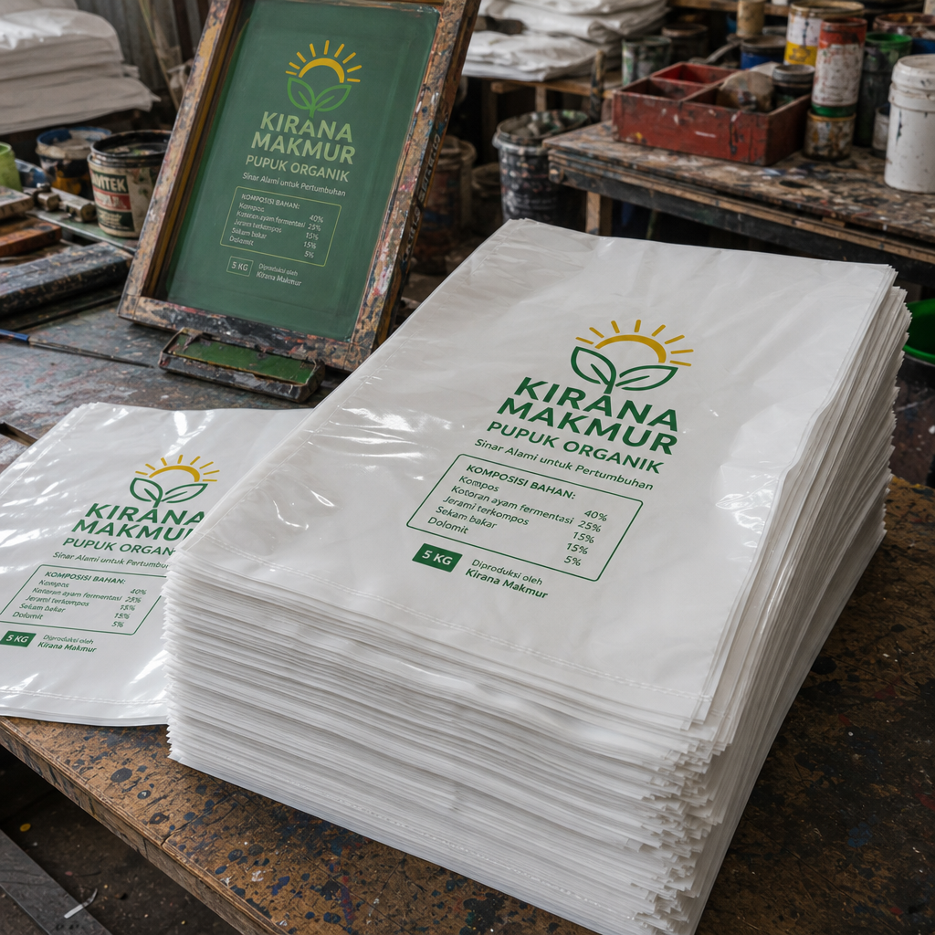 hasil sablon plastik pe putih susu untuk kemasan Pupuk Organik