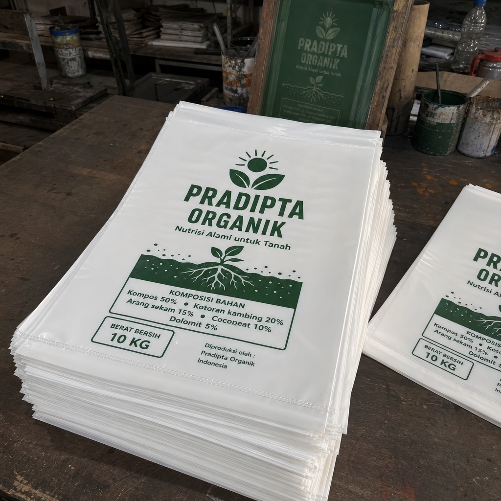 hasil sablon plastik pe putih susu untuk kemasan Pupuk Organik