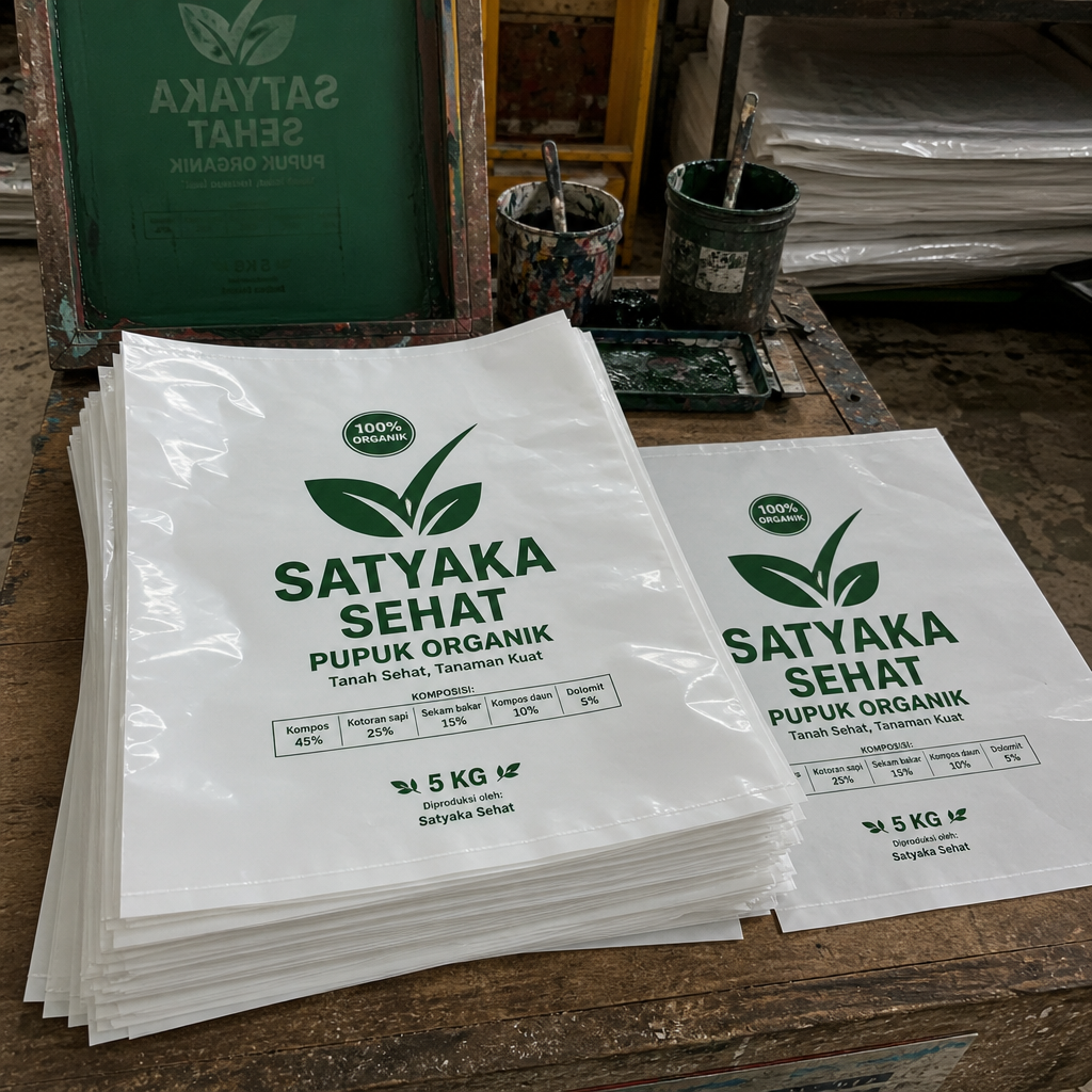 hasil sablon plastik pe putih susu untuk kemasan Pupuk Organik